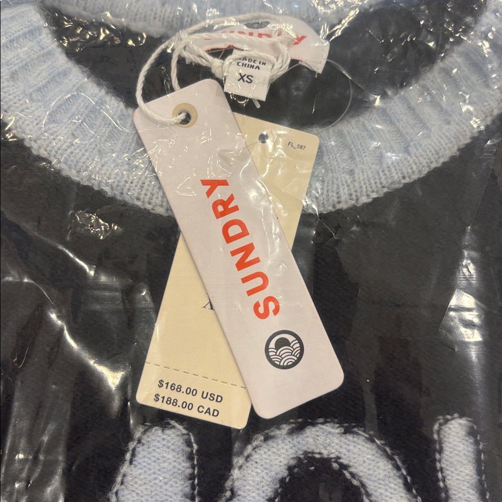 Anthropologie Sundry Amour Graphic Sweater Navy & Powder Blue XS NWT Brand New! - Picture 7 of 8